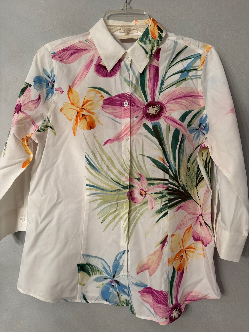 Chico's White Shirt with Orange  orchids Floral Accent